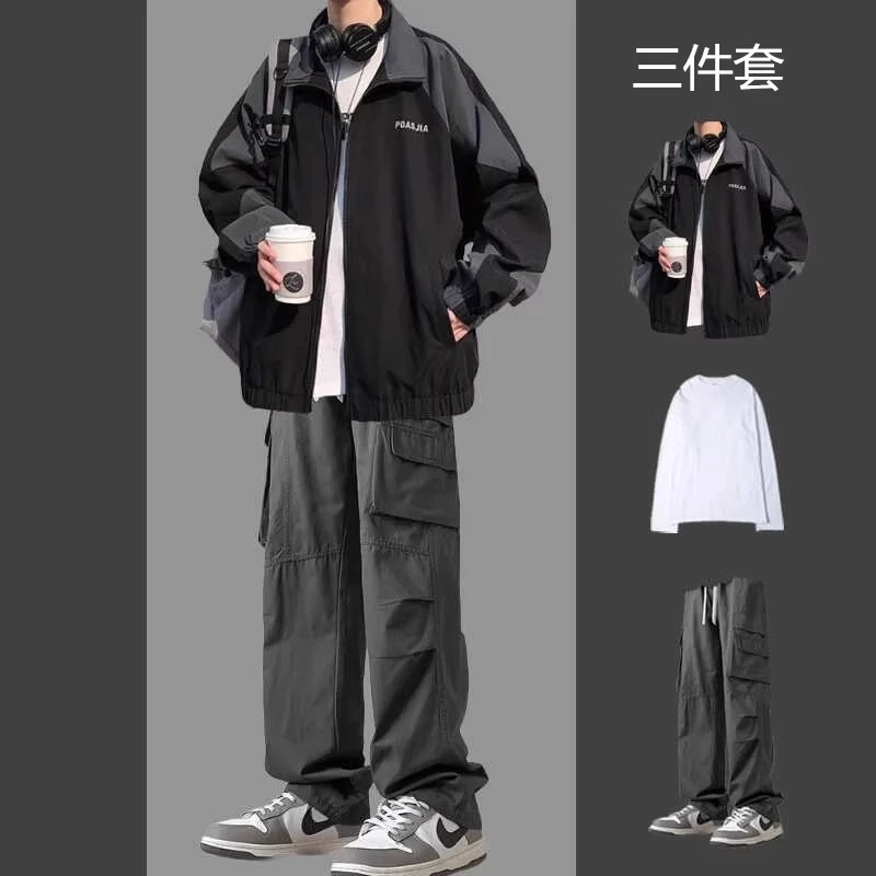 秋冬美式撞色夹克男套装痞帅潮牌冲锋衣外套穿搭牛仔裤三件套衣服