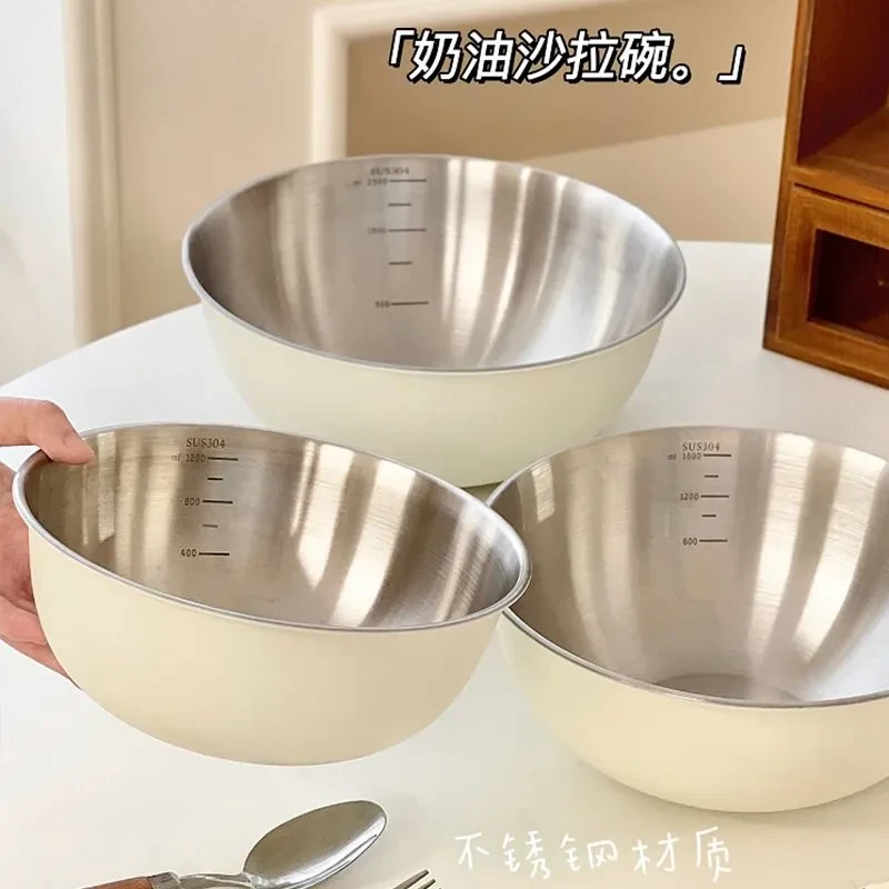 【拍一发三】韩式沙拉碗带刻度304不锈钢盆家用和面多功能打蛋钢碗