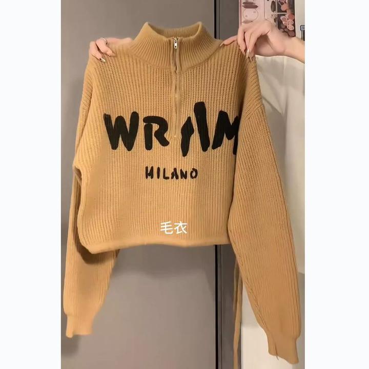 2024秋冬穿搭韩版美式休闲半拉链立领短款毛衣套头保暖针织衫潮