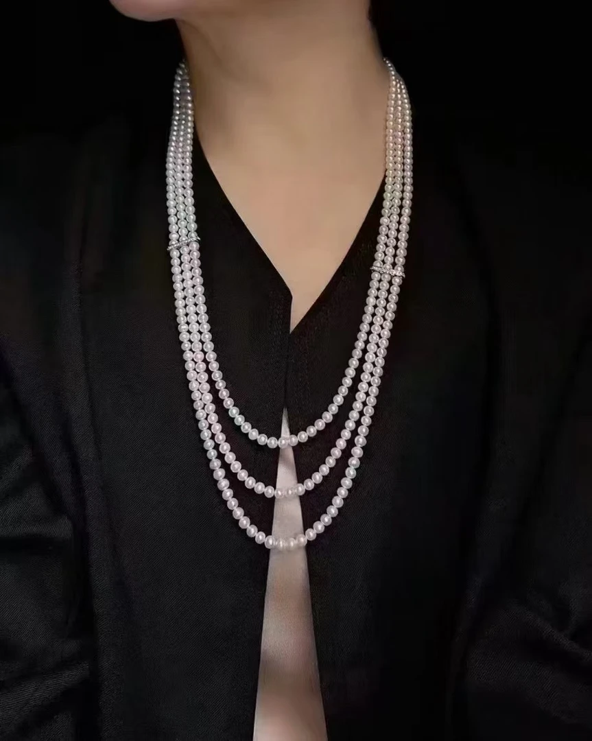 天然淡水4-5mm近圆极强光基本无暇毛衣链项链60/65/70cm多层简约