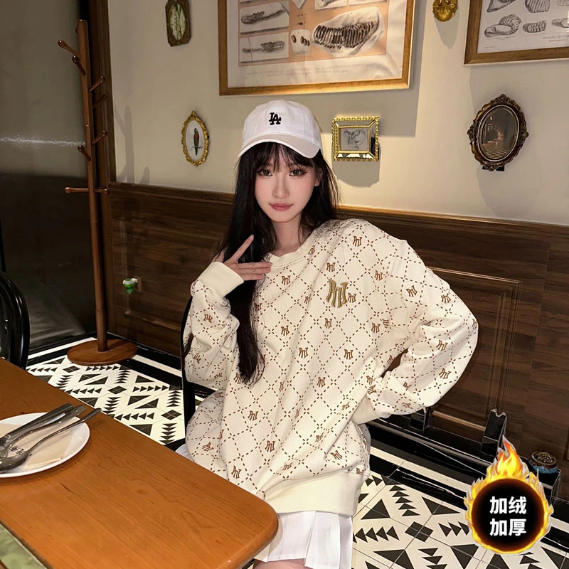 PNJ情侣宽松潮流秋冬加绒满印老花休闲上衣时尚百搭圆领卫衣长袖