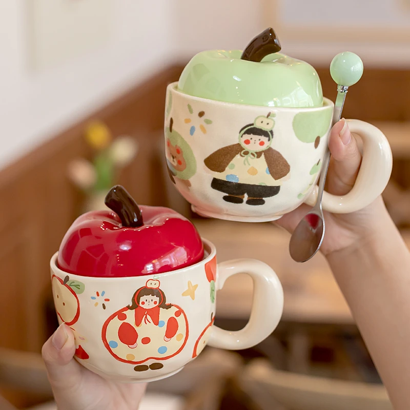 网红苹果马克杯可爱水杯陶瓷带盖勺家用高颜值情侣咖啡杯创意杯子