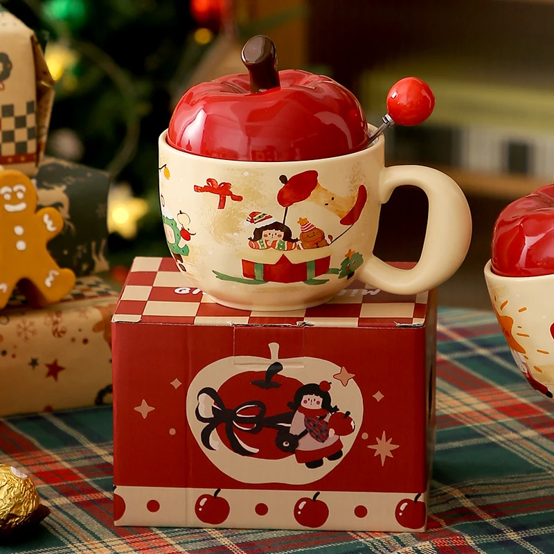 萌趣苹果马克杯带盖陶瓷水杯家用早餐咖啡杯圣诞节女生日礼物杯子