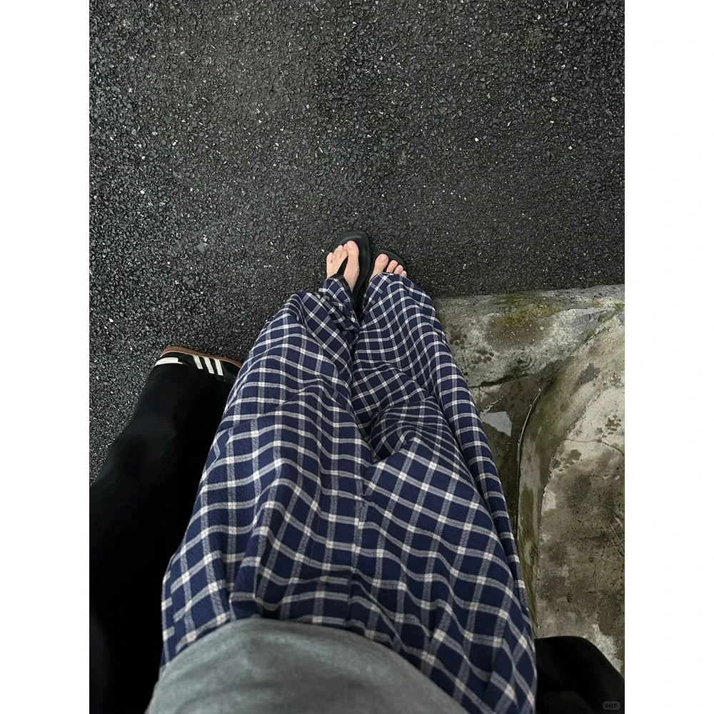 韩版美式复古格子休闲裤女夏季2024新款韩版宽松设计感百搭拖地裤