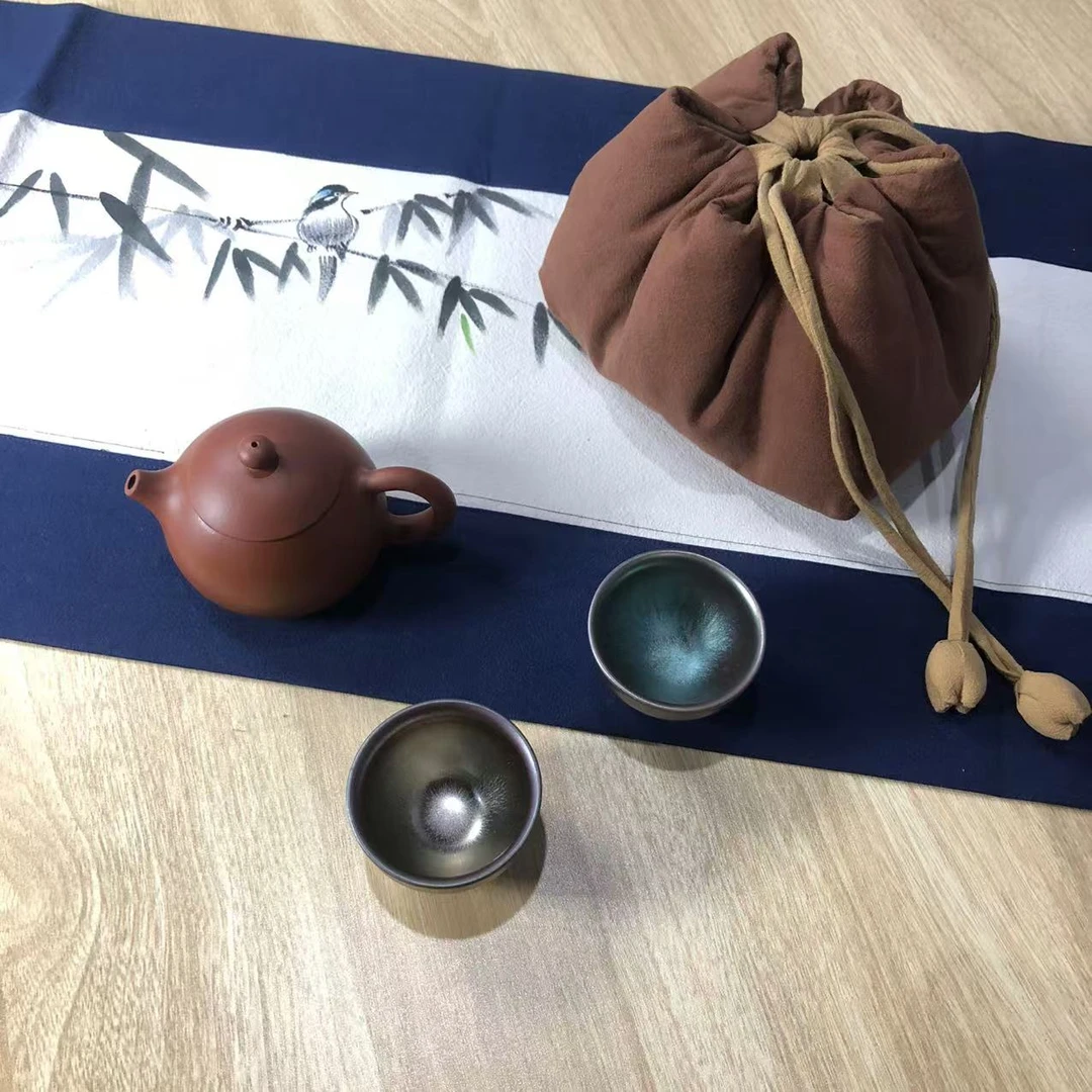 1壶2杯套组保护袋 斗金 棉麻壶袋/杯袋 加棉 旅行茶事包