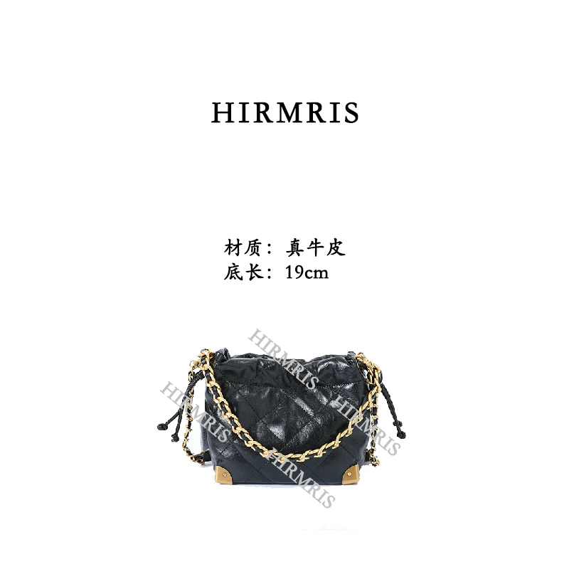 HIRMRIS手工真皮包YX191 收紧金链条水桶阳黑
