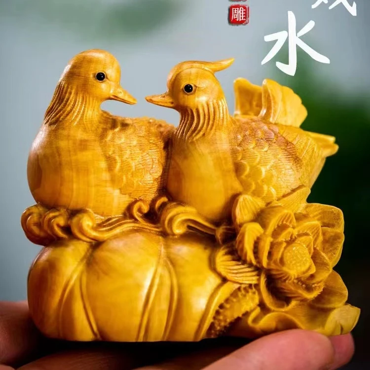 黄杨木雕刻木质鸳鸯戏水手把件百年好合客厅招财卧室喜气摆件床头