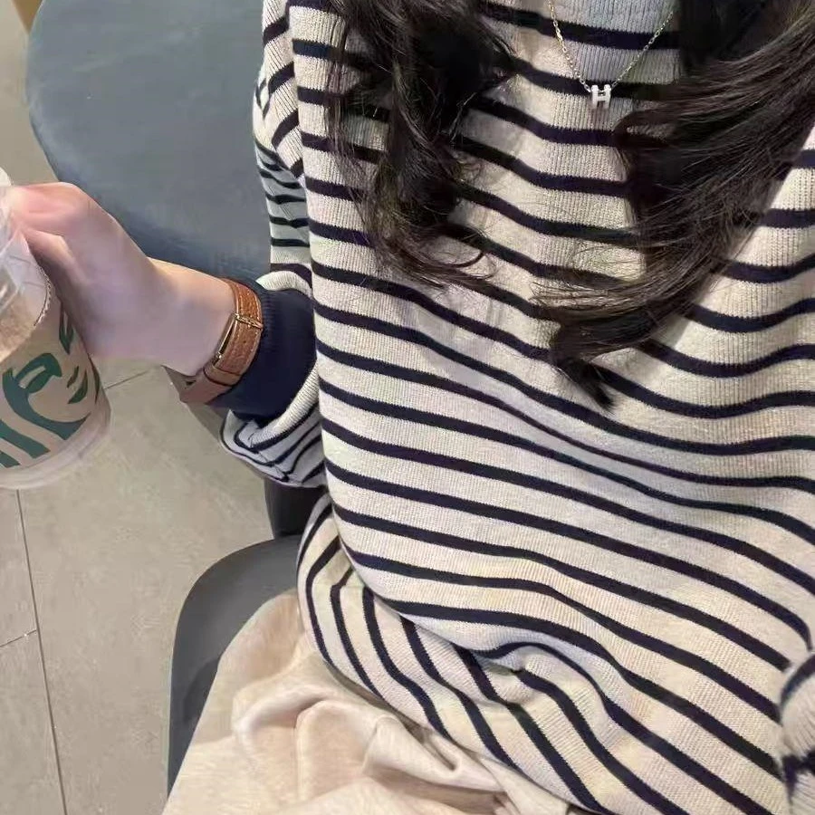 复古加绒条纹圆领卫衣女秋冬新款宽松学院风休闲百搭长袖上衣外套