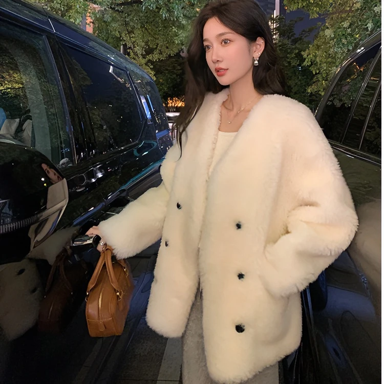 【小熊家】浪漫冬日 100%全羊毛轻奢V领百搭冬季新款气质中长款外套