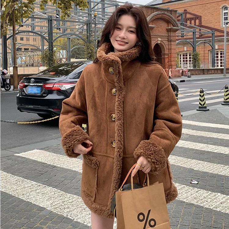 【小熊家】双面穿 100%全羊毛轻奢简约时尚百搭保暖宽松秋冬女外套