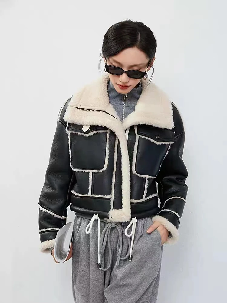 【小熊家】机车厚款 100%全羊毛轻奢时尚百搭短款加绒秋冬女外套