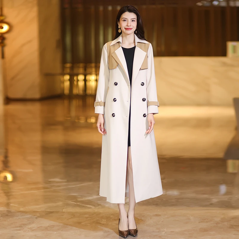 拼接撞色女装春秋新款长风衣过膝收腰气质显瘦高级感轻奢外套女士