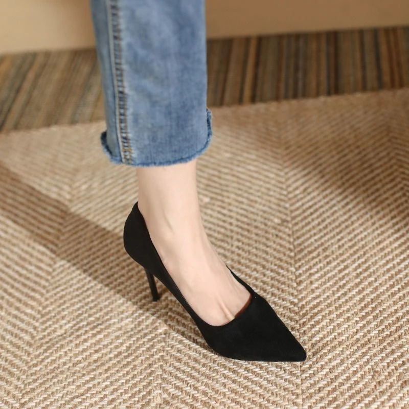 高跟鞋女2024新款爆款黑色气质细跟尖头软皮防滑百搭通勤工作单鞋