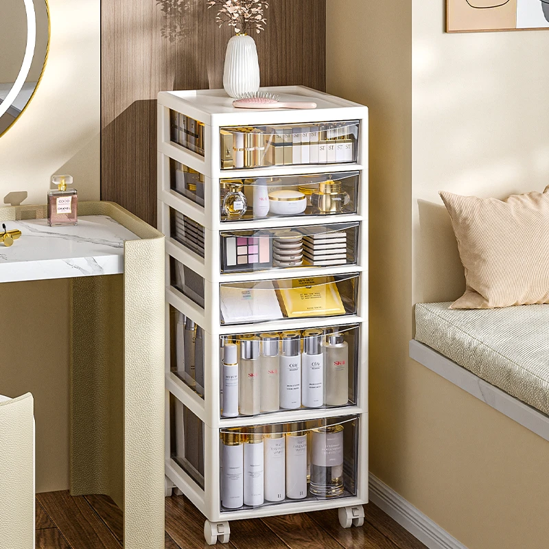 俏洁收纳储物柜落地化妆品收纳盒办公室透明抽屉式防尘收纳柜