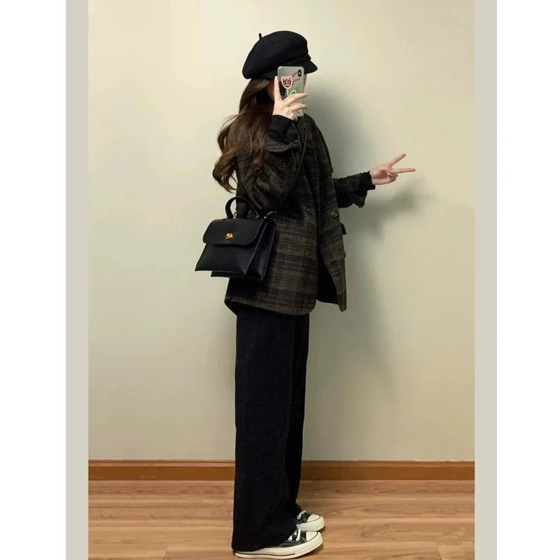 秋冬装搭配一整套大码胖mm格子西装毛呢外套时尚复古高级呢子大衣