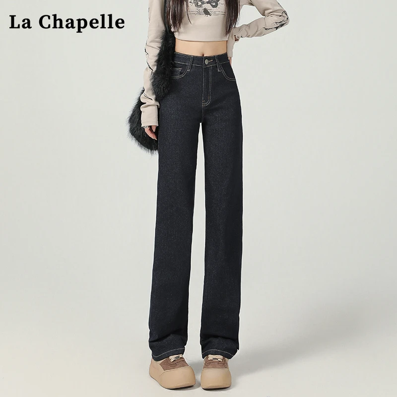 拉夏贝尔窄版直筒牛仔裤女秋冬高腰宽松显瘦小众设计感法棍烟管裤