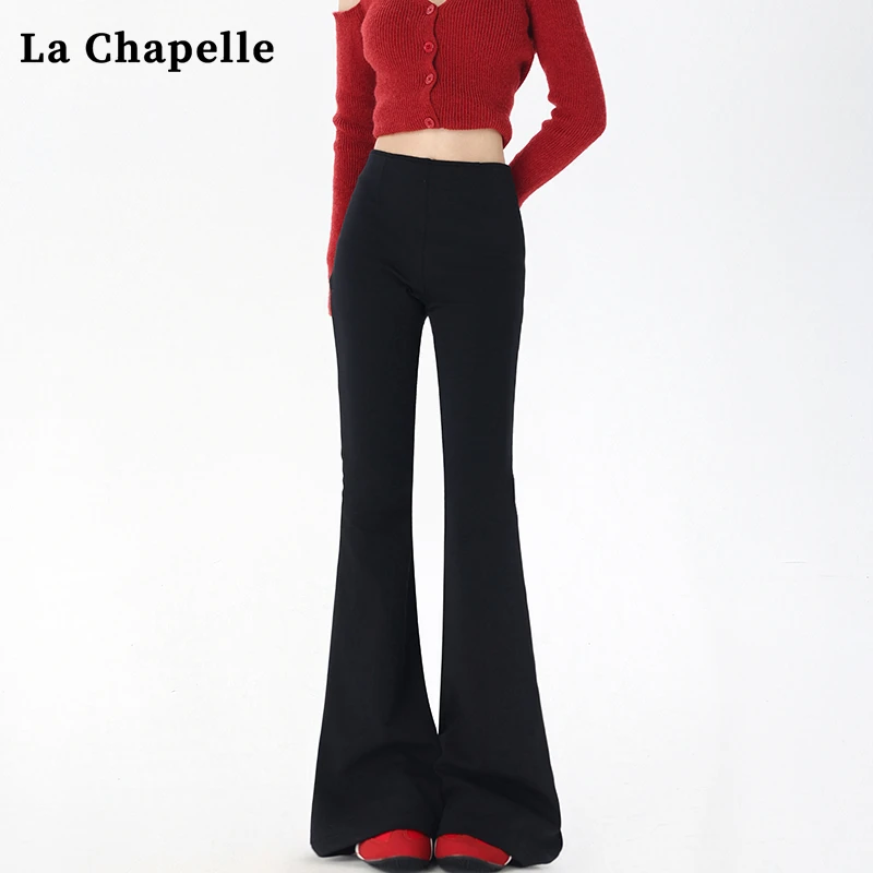 拉夏贝尔微喇叭休闲裤女早秋季高腰紧身弹力百搭荷叶边马蹄长裤子