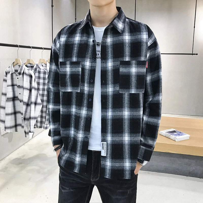 男士格子衬衫韩版港风春秋季学生潮流宽松休闲百搭长袖衬衣外套