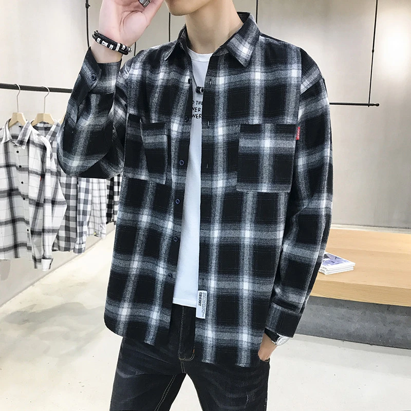 春秋季格子长袖衬衫男士韩版学生休闲帅气宽松潮流百搭外套衬衣
