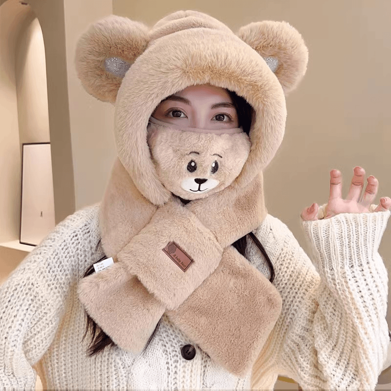 可爱小熊口罩帽子围巾一体女秋冬季百搭毛绒围脖连帽骑车保暖冬天