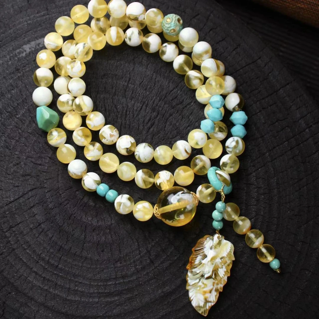 【壹芳珠宝】天然原矿蜜蜡新蜡金瓷妖白叶子设计三圈6mm