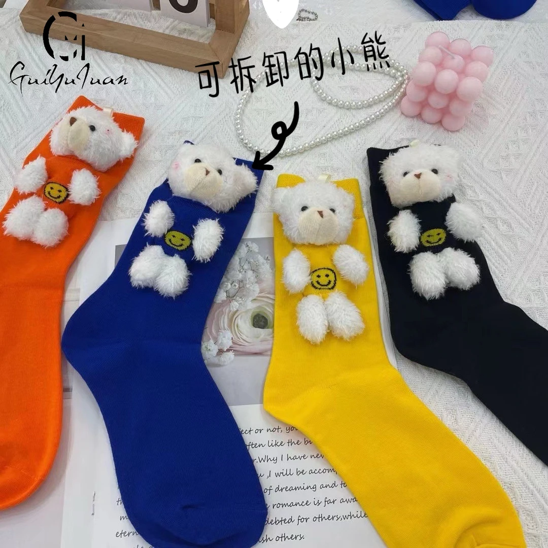 【GuiYuJuan】立体玩偶卡通小熊头韩国女可爱甜美日系ins潮中筒袜子