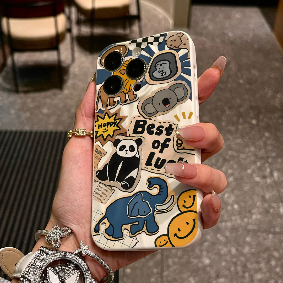 复古丛林动物适用苹果13手机壳iphone15褶皱14promax卡通12可爱11