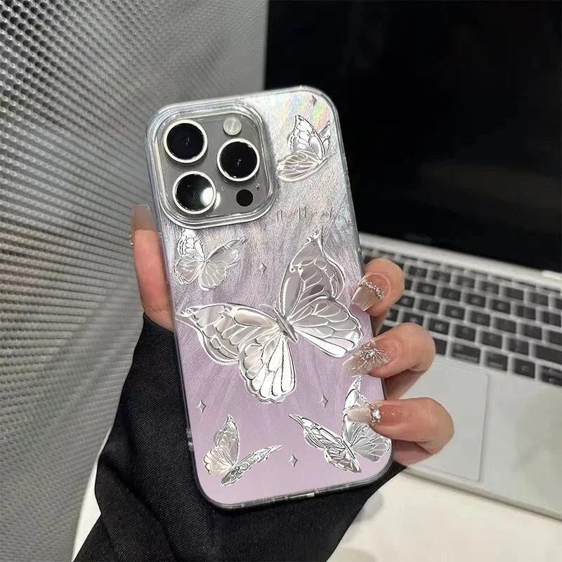 渐变银色蝴蝶苹果手机壳适用iPhone14彩银13pro防摔16高级7/8简约