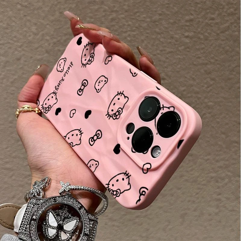 可爱爱心KT猫适用苹果14手机壳iphone12褶皱13promax卡通15简约11