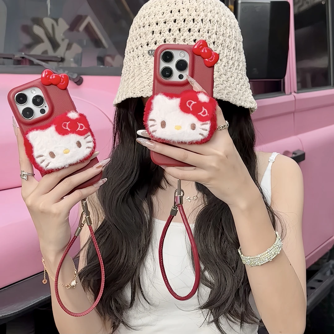 毛绒凯蒂公仔适用16promax苹果13皮纹手机壳iPhone15简约14立体12