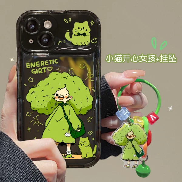 小猫开心女孩适用于苹果13promax翻盖镜子iPhone14手机壳15创意11
