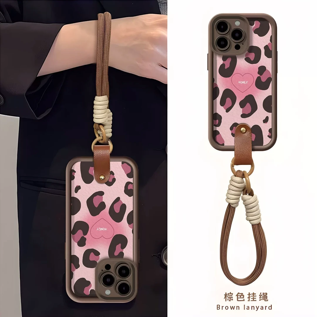 粉豹纹爱心适用iPhone14苹果15挂绳手机壳13promax硅胶16可爱潮牌