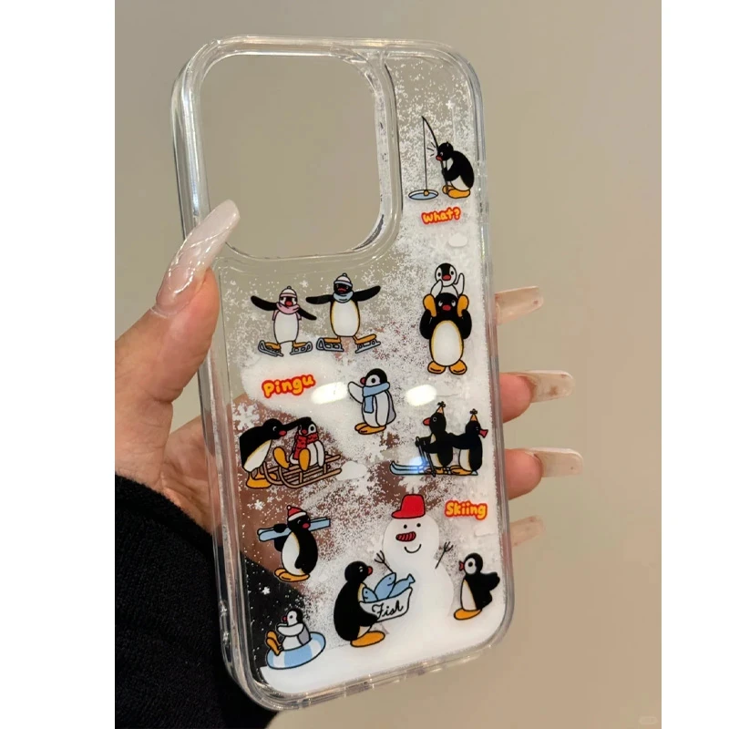 下雪小企鹅雪花流沙壳适用15/16手机壳苹果14/13趣味12透明11卡通