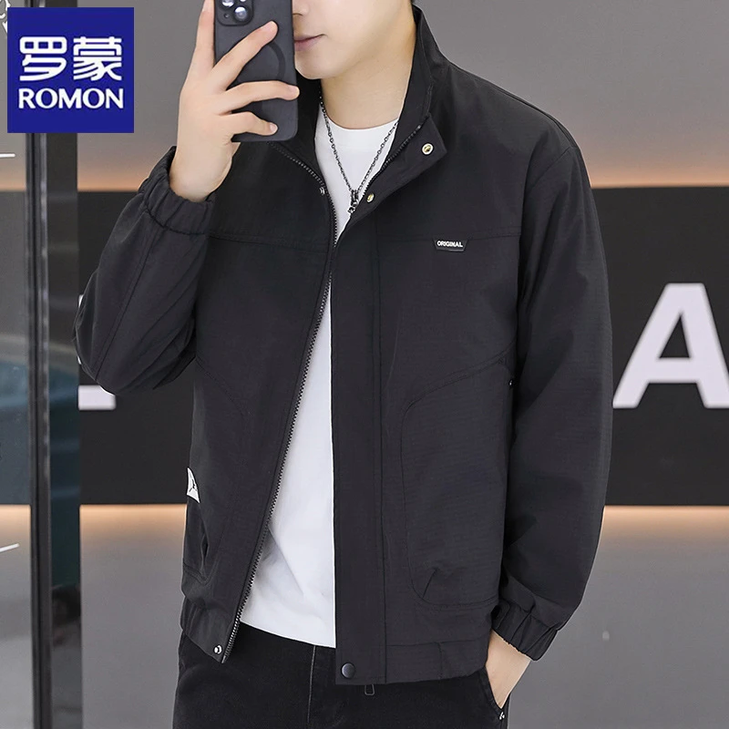 罗蒙男士春秋季立领休闲夹克工装外套百搭潮流宽松帅气中青年上衣