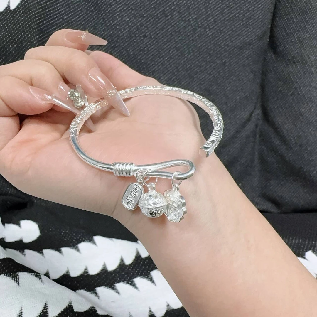 足银银制品 招财纳福宫玲如意开口镯百搭时尚气质女