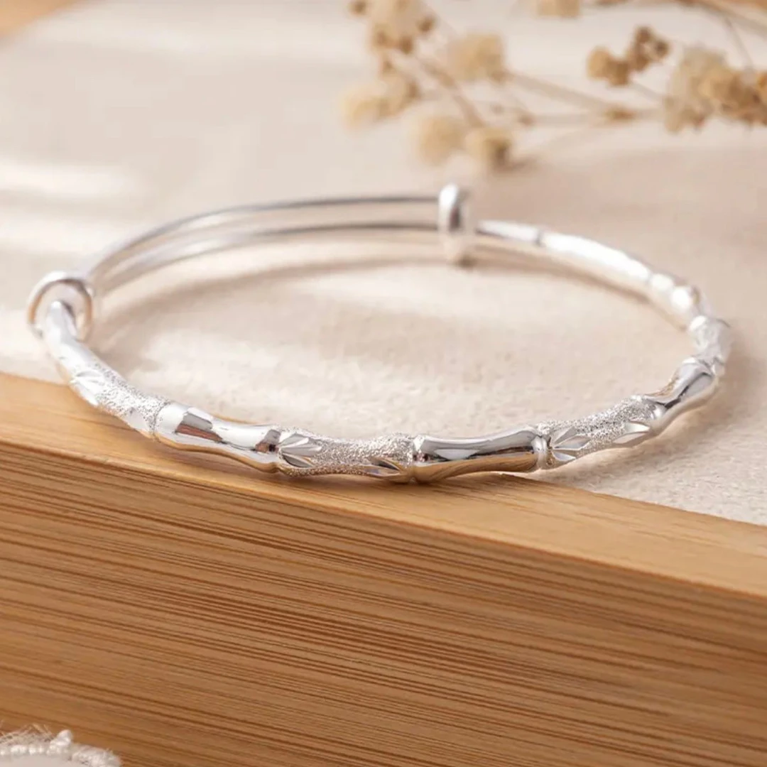 足银银制品 磨砂竹叶推拉镯百搭时尚气质女