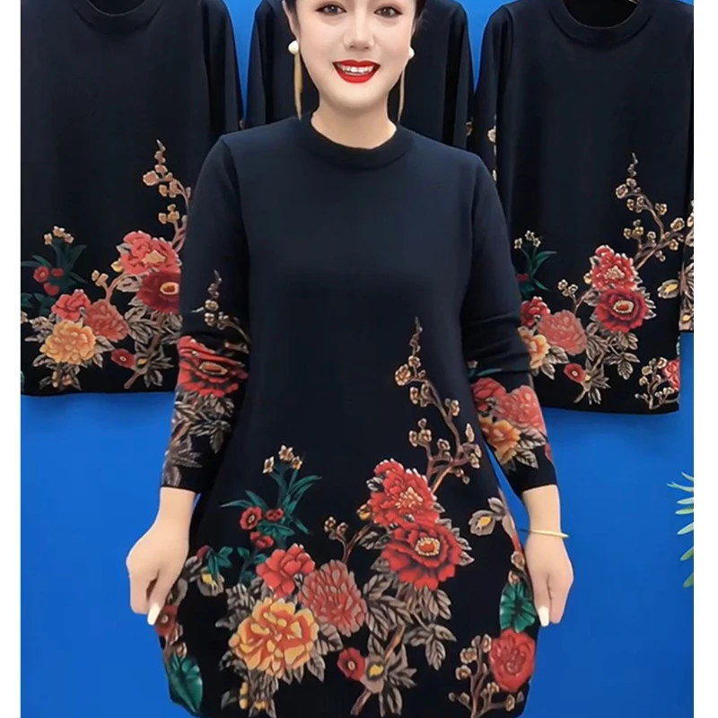 新款妈妈秋冬中长款遮屁洋气时尚印花针织打底衫中年女大码毛衣裙