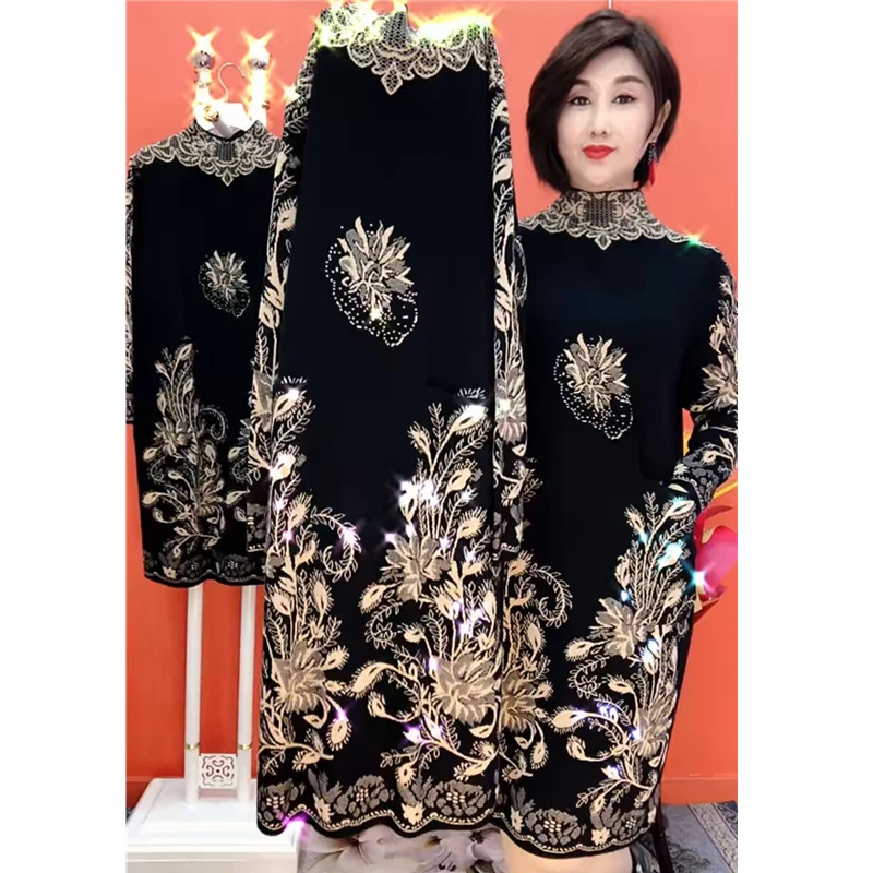 新款妈妈秋冬洋气时尚宽松中长款毛衣连衣裙高档显瘦针织打底衫