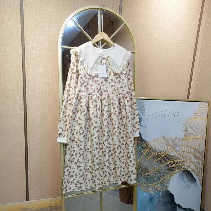 CH71孕妇杏色碎花连衣裙L100-130XL140XXL150