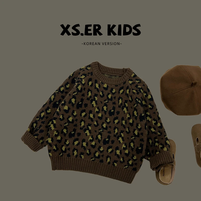 【小首尔】原版-男童韩版套头毛衣秋季复古豹纹针织衫潮HBB2628