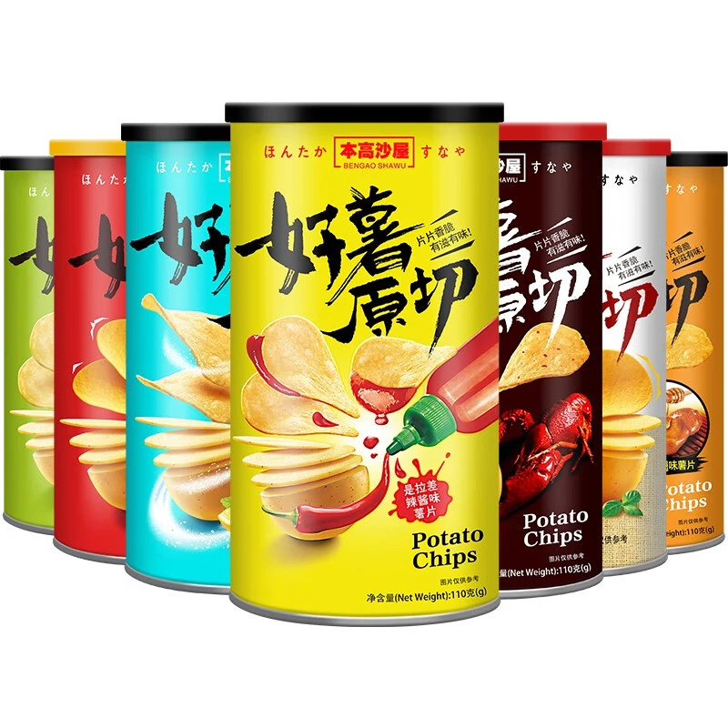 本高沙屋原切薯片非薯粉美味香脆小龙虾味大罐装好吃看球薯片零食