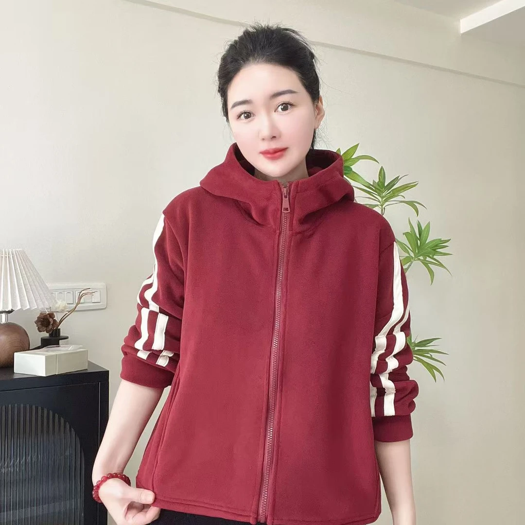 连帽拉链加绒加厚双面绒纯色卫衣休闲百搭宽松秋冬开衫外套长袖女