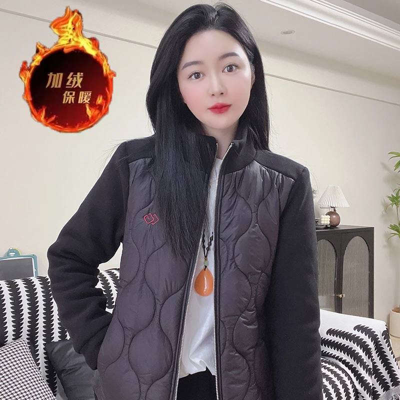 时尚拼接立领棉服外套女2024冬季新款宽松休闲短款加厚保暖棉衣