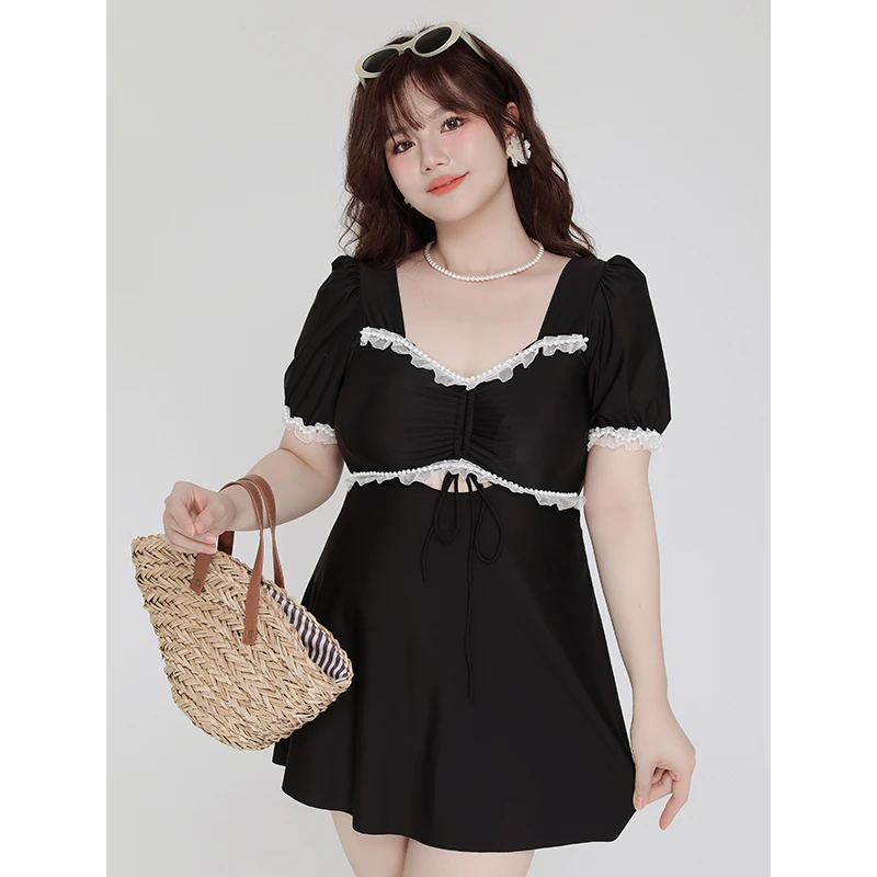 微胖泳衣 2023小香风手工珍珠泡泡袖连体遮肚显瘦大码泳装女