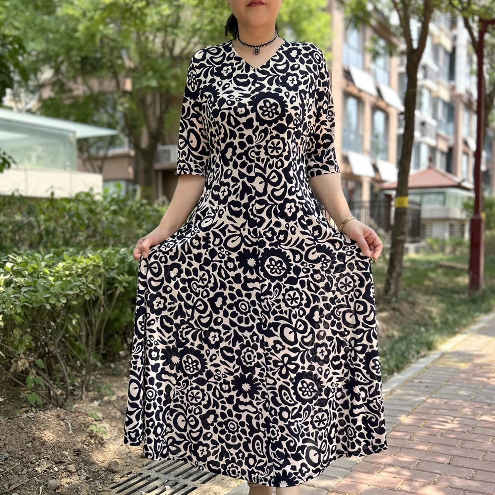 夏超显瘦连衣裙时尚半袖大码女装长款连衣裙气质印花裙子1217