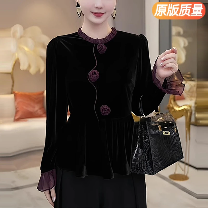 高端上衣女长袖秋冬季2024新款法式收腰衬衫妈妈别致漂亮小衫