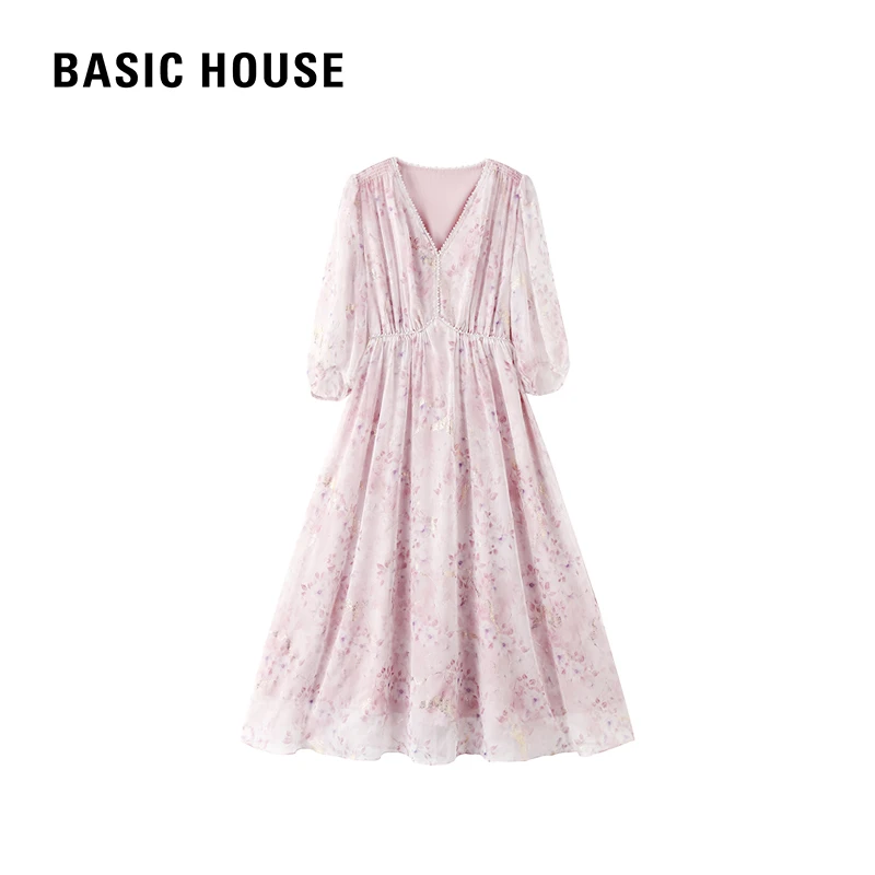 Basic House/百家好甜美中长裙气质温柔印花显瘦碎花连衣裙（商品）