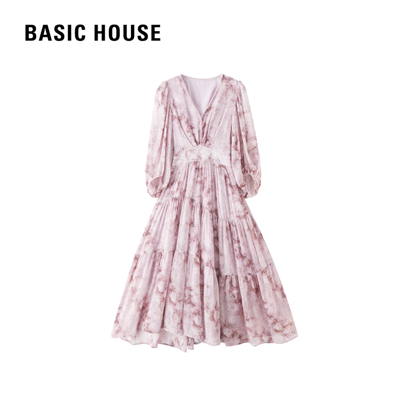 Basic House/百家好夏季七分袖大摆气质碎花连衣裙子B0694B52712