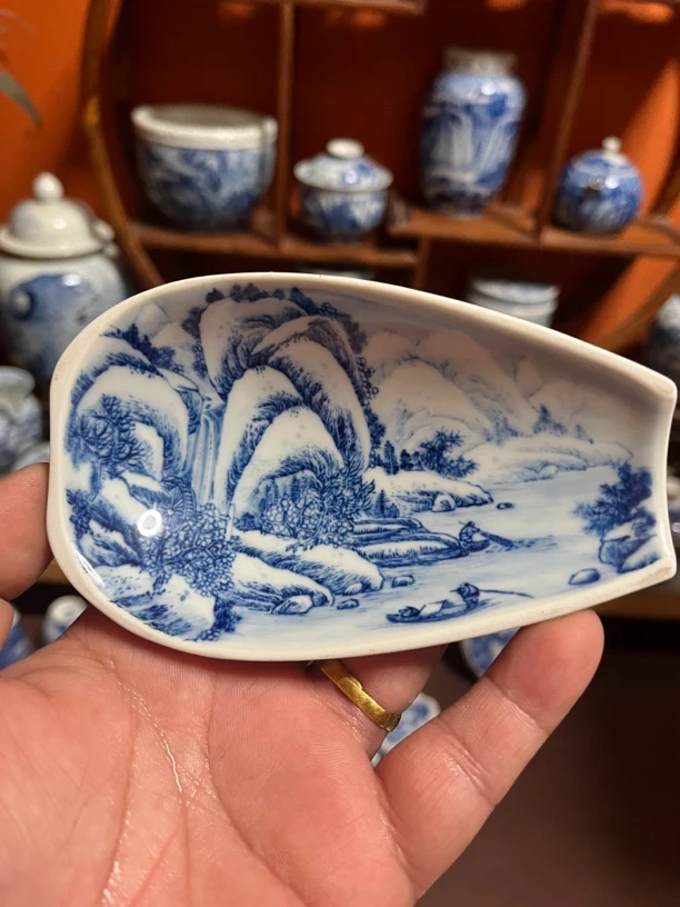 纯手工手绘釉下仿古泥青花双面绘重工工笔雪景山水茶则