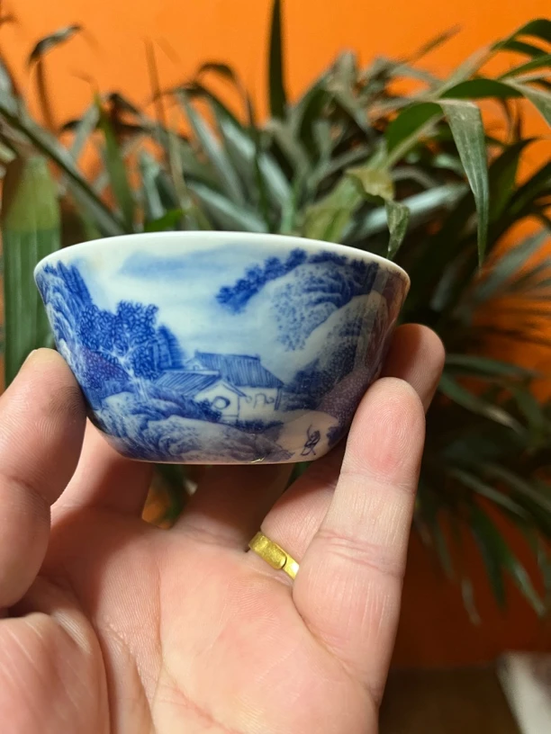 纯手工手绘釉下仿古泥青花里外绘工笔山水鸡缸杯